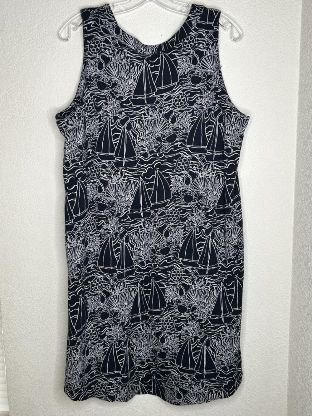 J Jill Dress Womens Large Blue Sailboat Print Sleeveless V Neck Tank Shift Knit - Picture 3 of 12